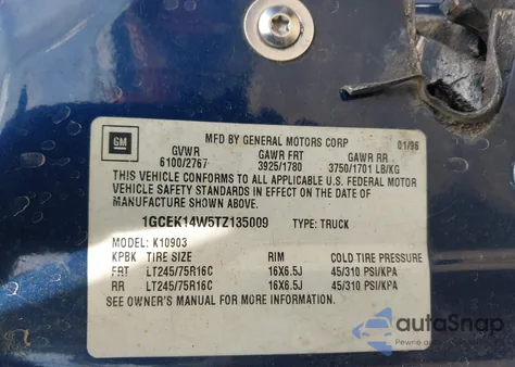 1996 Chevrolet Gmt-400 K1500 z USA, uszkodzony, nr VIN 1GCEK14W5TZ135009